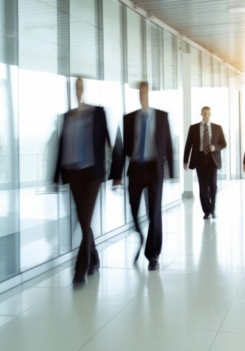 Several business people walk fast motion blur in the corridor of modern office. Generative AI AIG18.